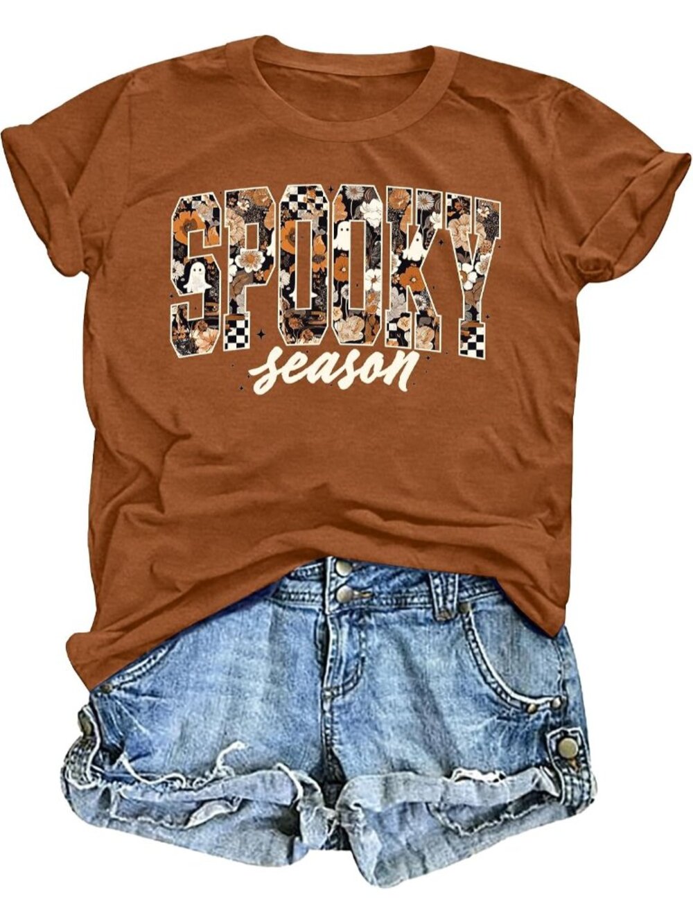 🆕 Womens Spooky Season Brown Graphic Tee Halloween Short Sleeve Casual Tee
